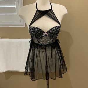 VICTORIA’S SECRET DREAM ANGELS BLACK SILVER STAR GLITTER PUSH-UP CHEMISE